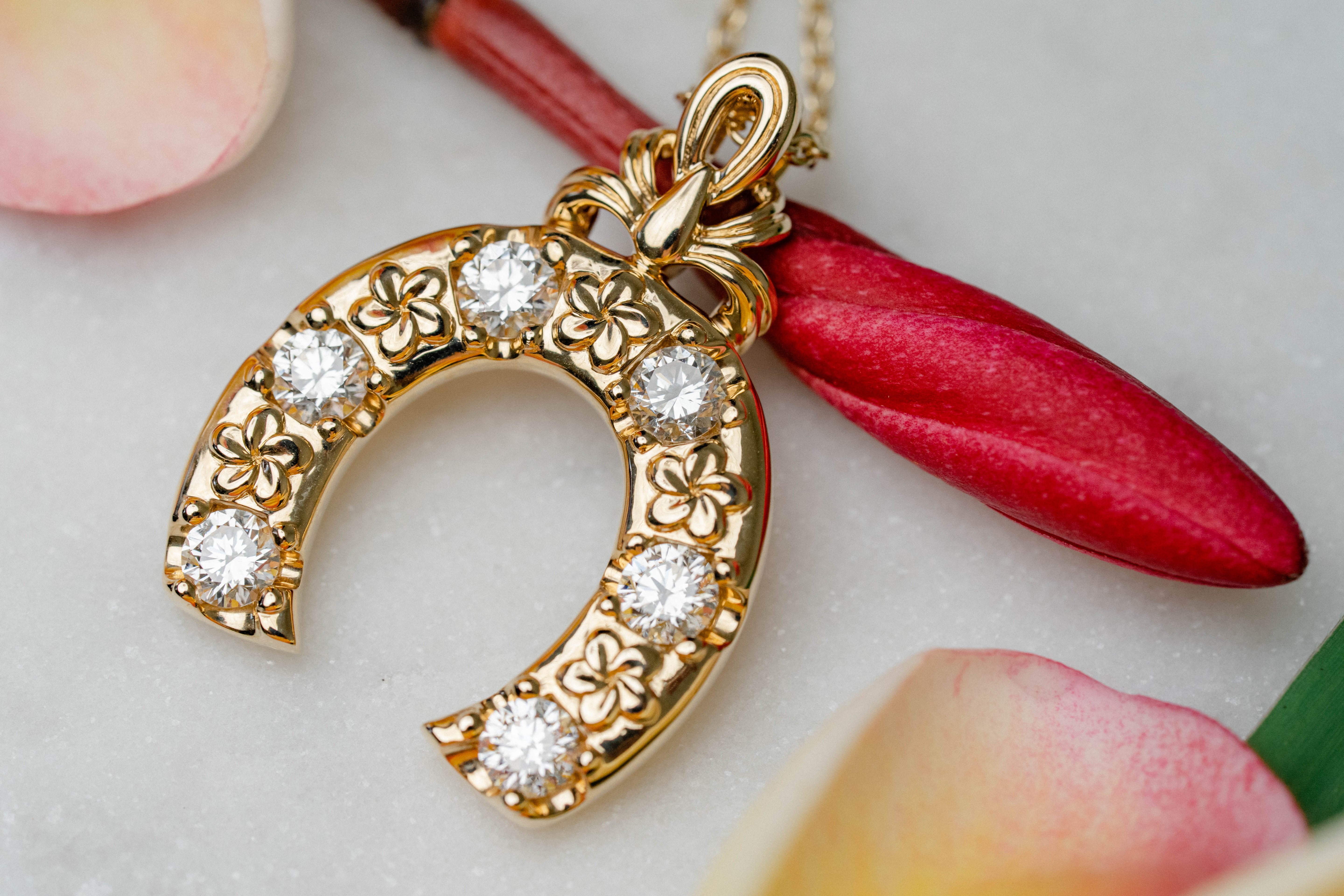 Custom Plumeria & Diamond Horseshoe Pendant