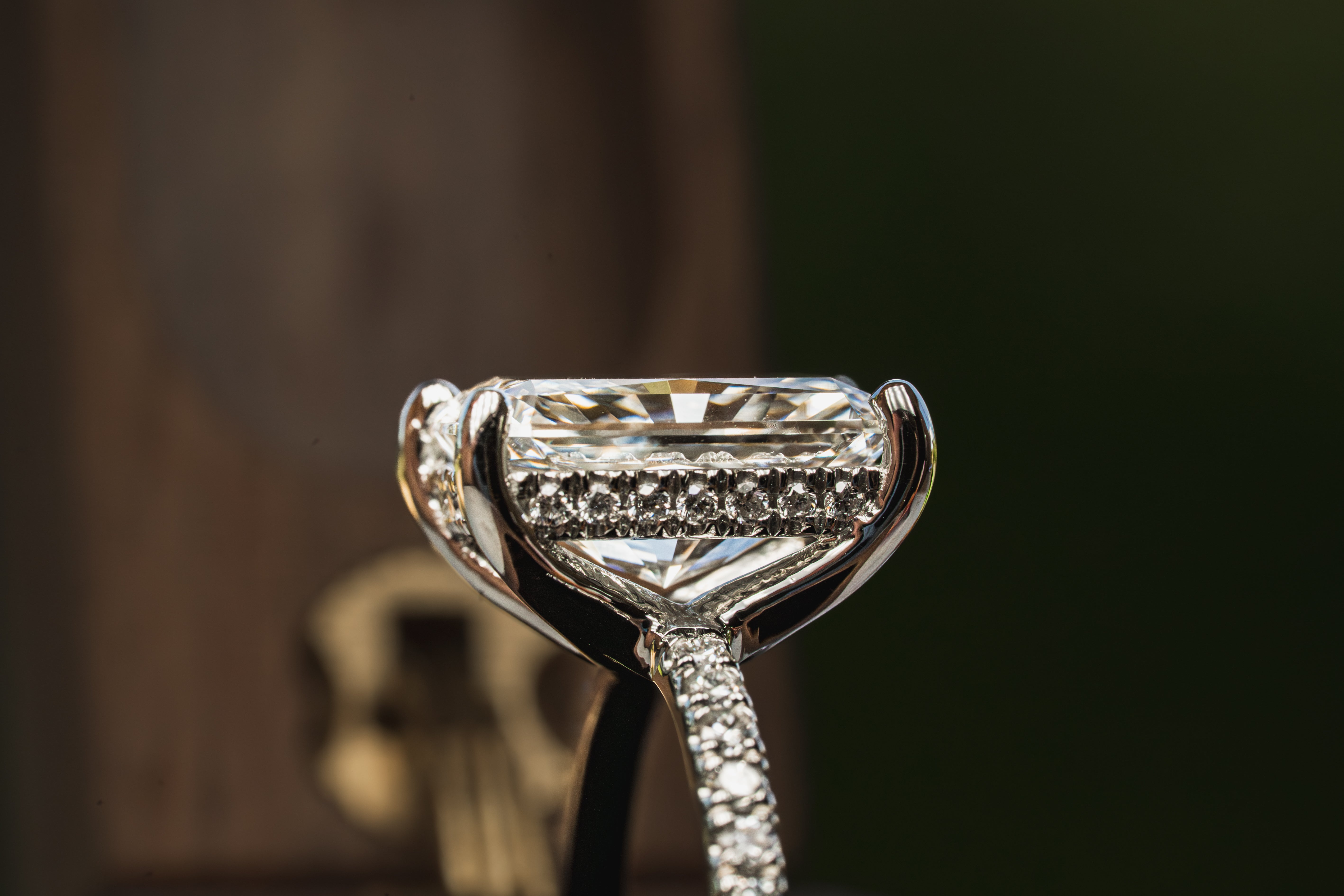 Custom 4ct Radiant Diamond Platinum Ring with Hidden Halo