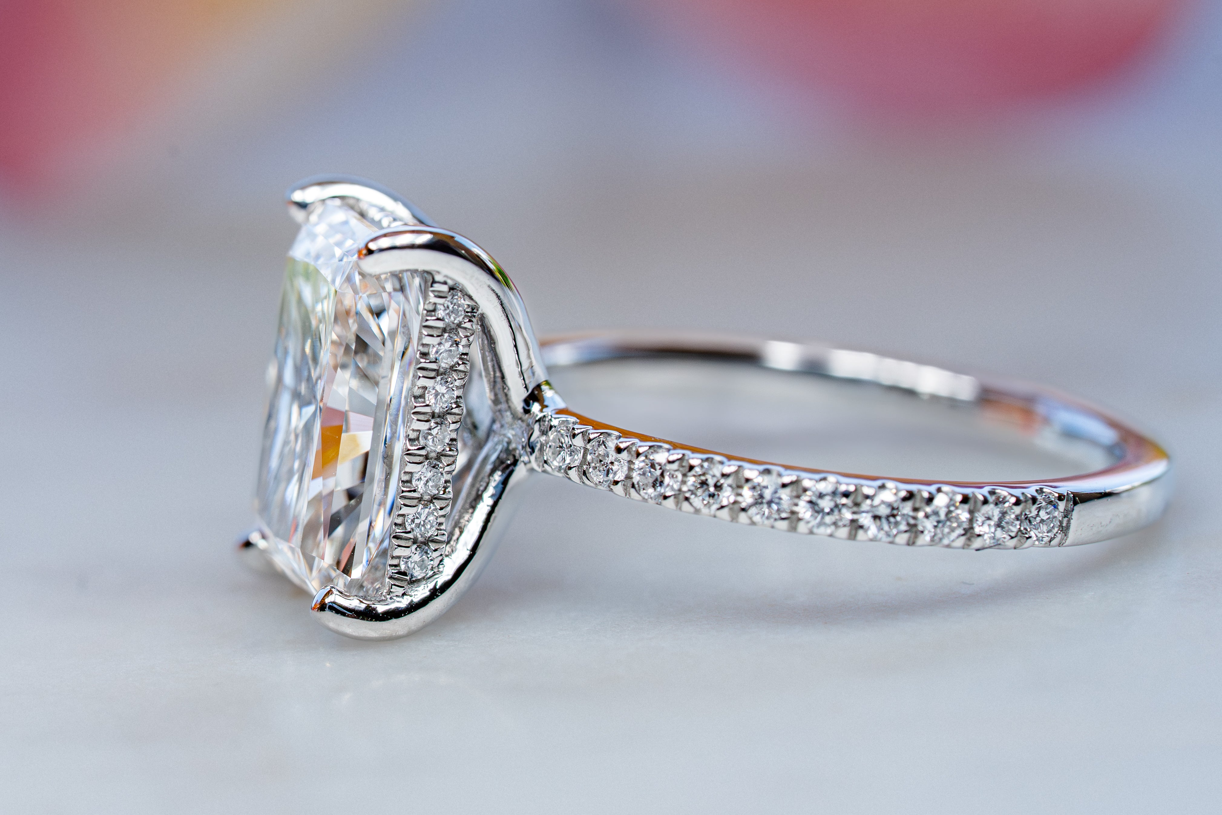 Custom 4ct Radiant Diamond Platinum Ring with Hidden Halo