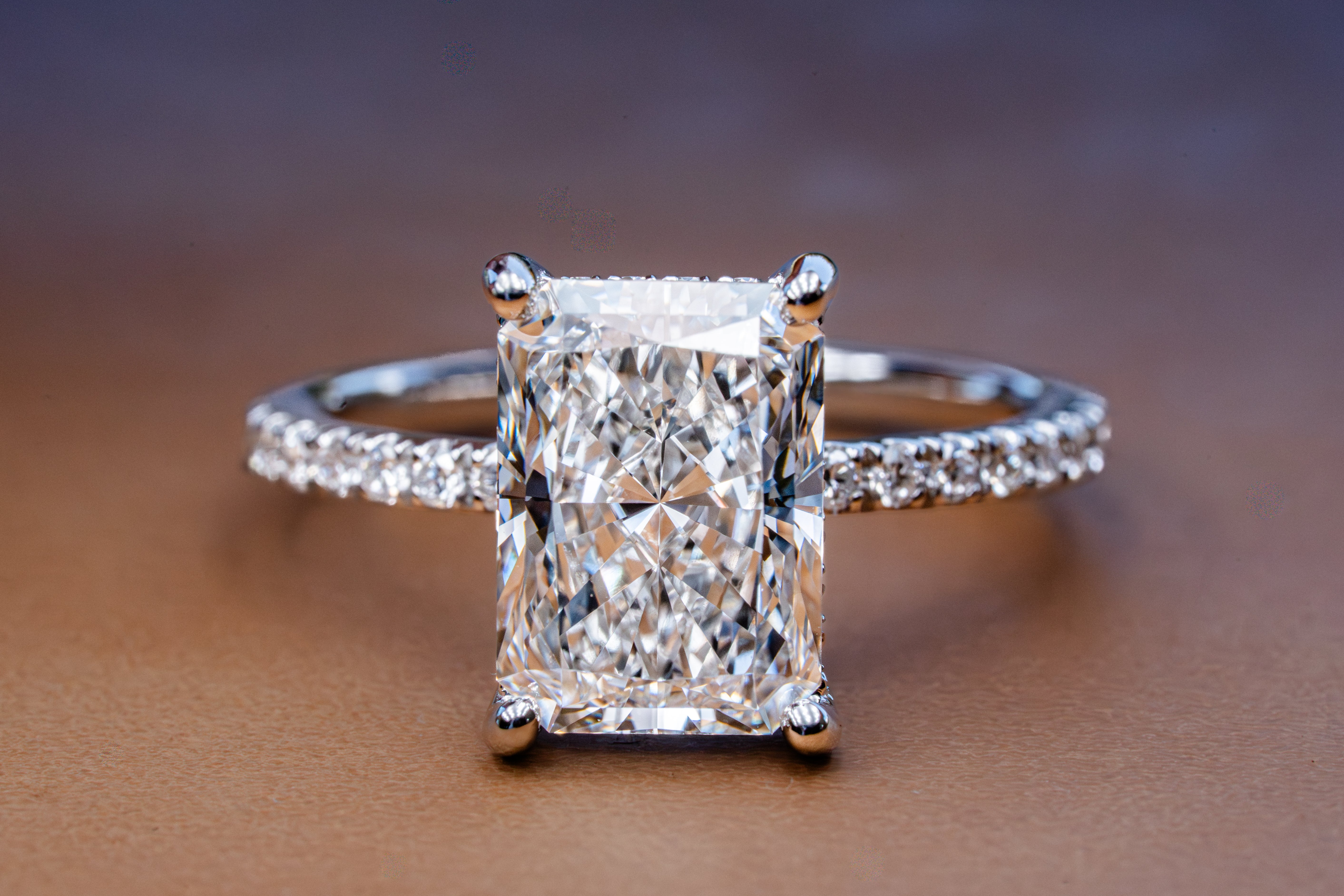 Custom 4ct Radiant Diamond Platinum Ring with Hidden Halo