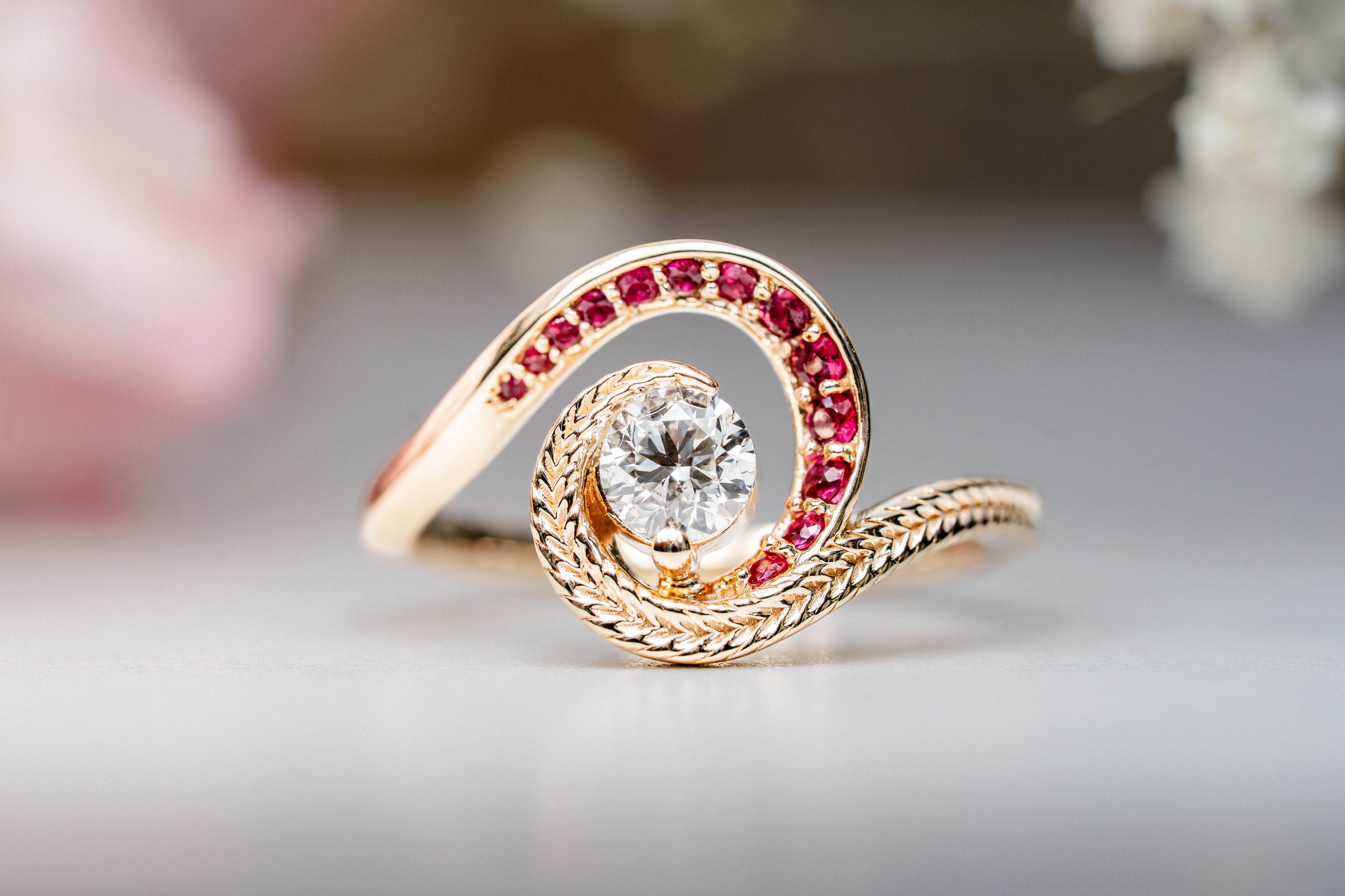 Custom Swirling Diamond Ruby Wave Ring with Maile Vine