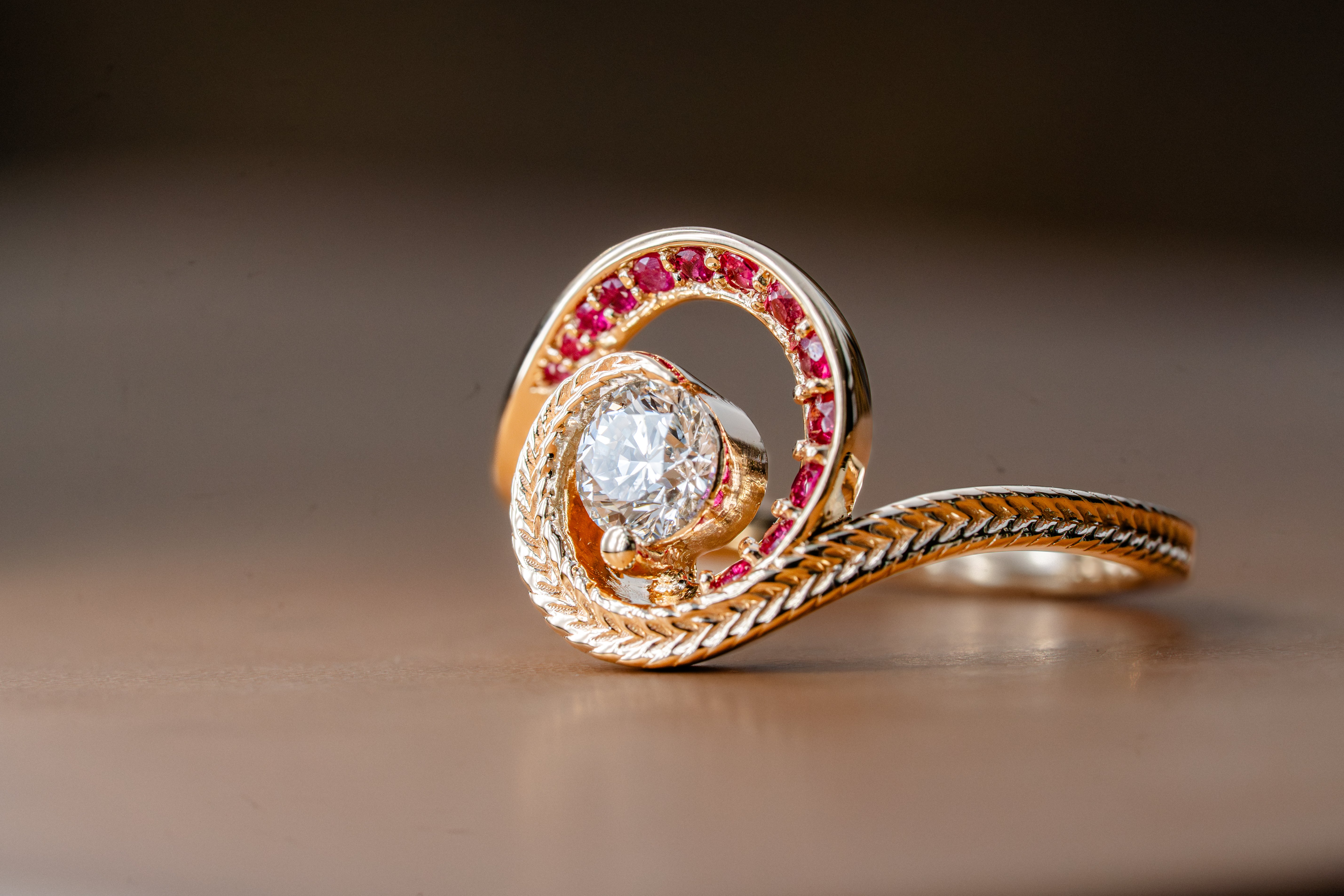 Custom Swirling Diamond Ruby Wave Ring with Maile Vine