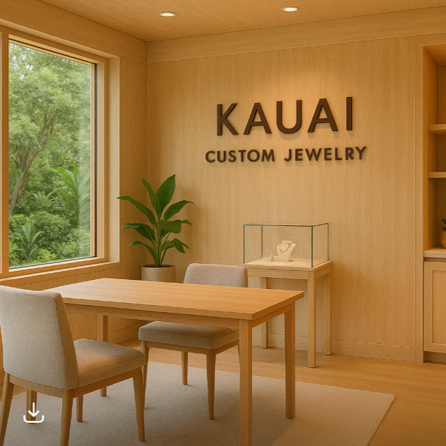 Wooden interior of a jewelry store with 'Kauai Custom Jewelry' on the wall.