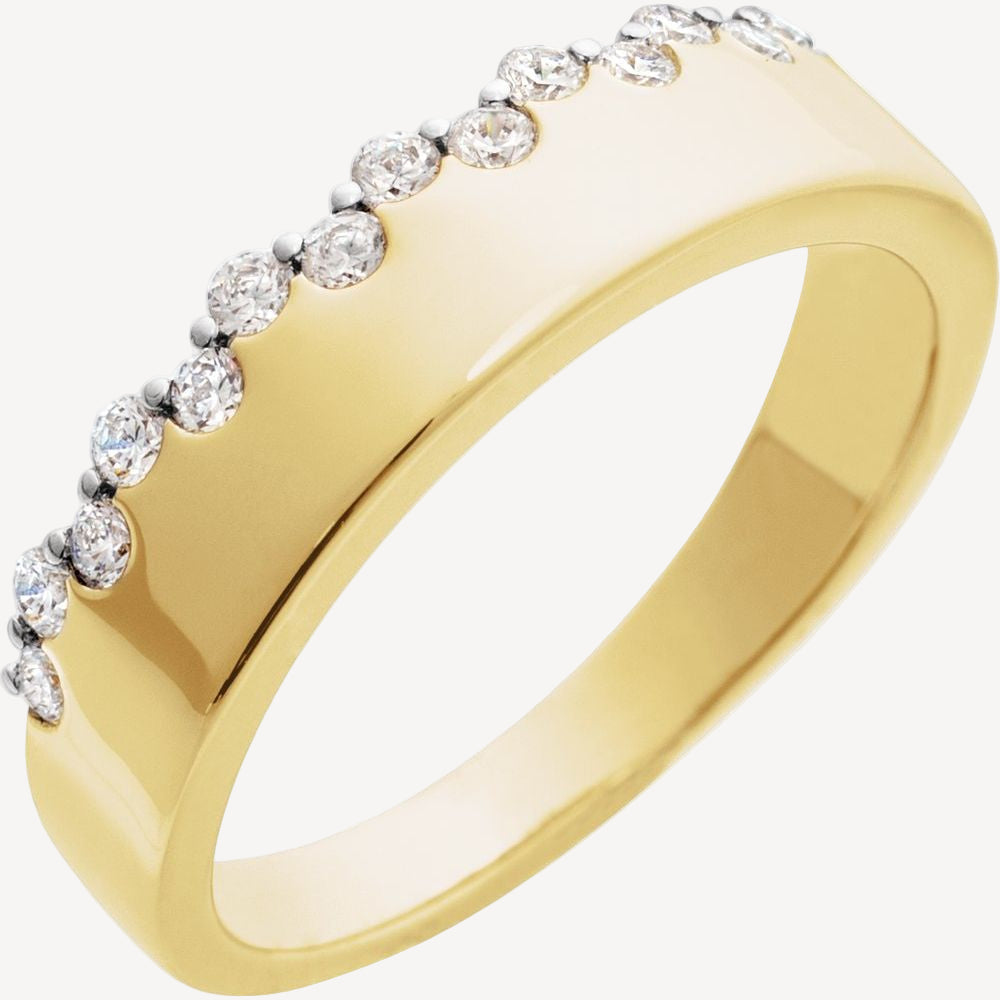 Gold ring with embedded diamonds on a white background