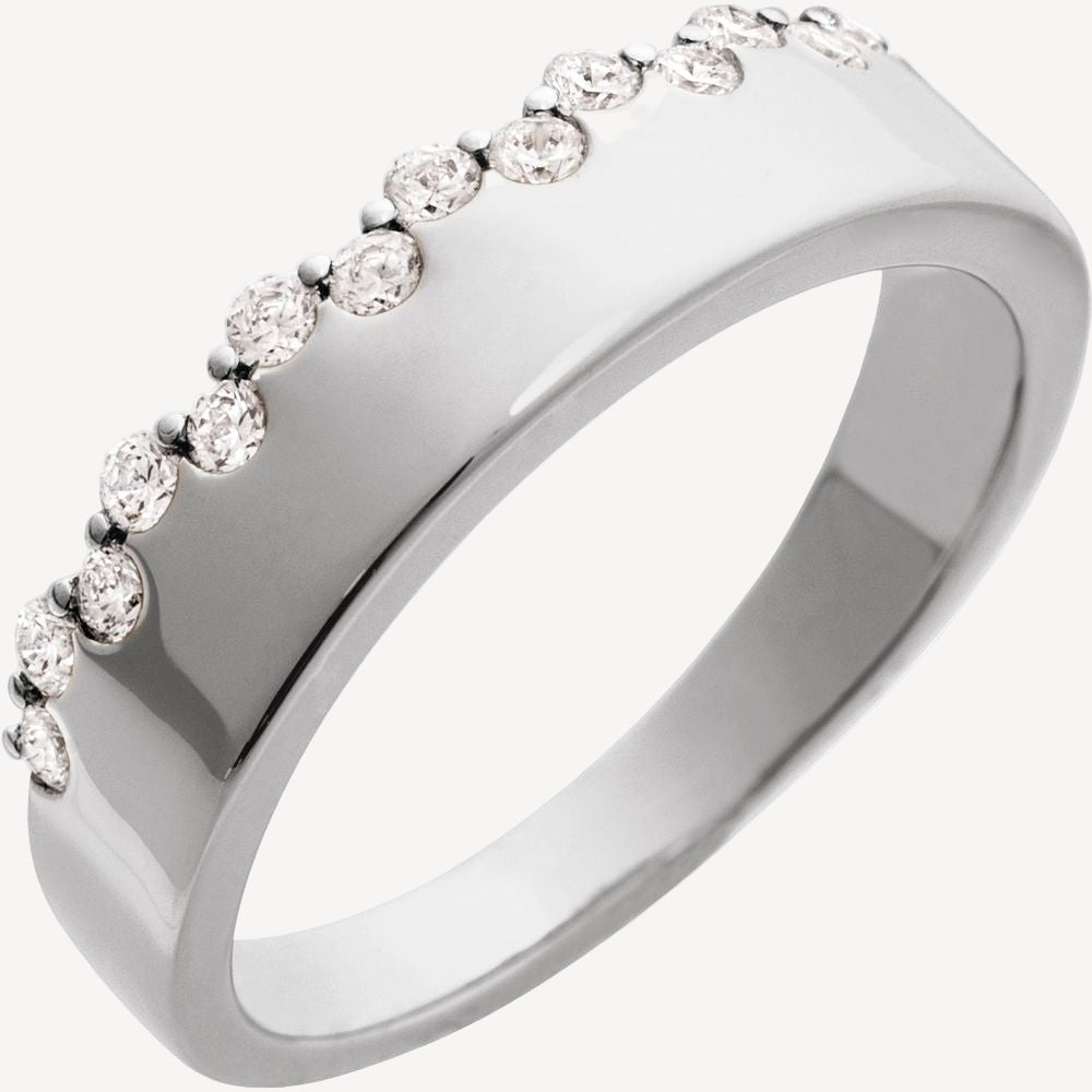 Silver ring with small diamonds on a white background