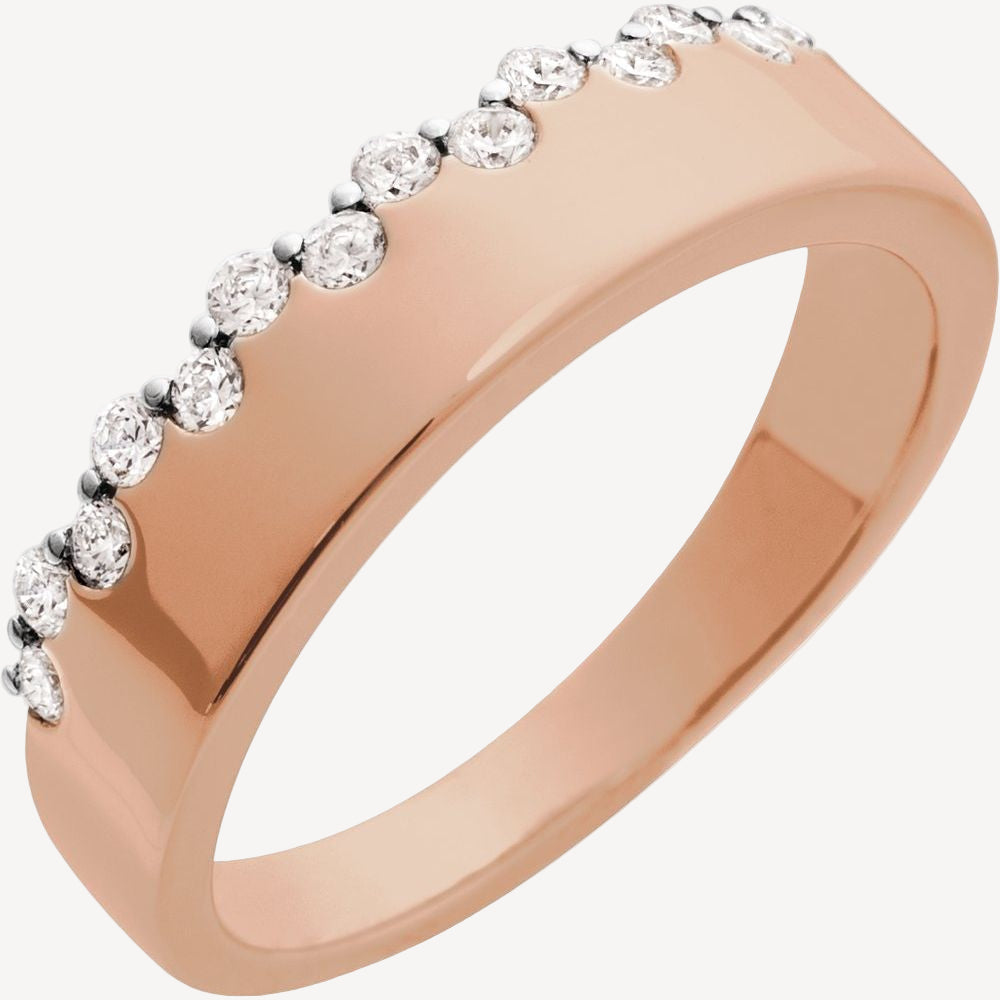 Rose gold ring with small diamonds on a white background