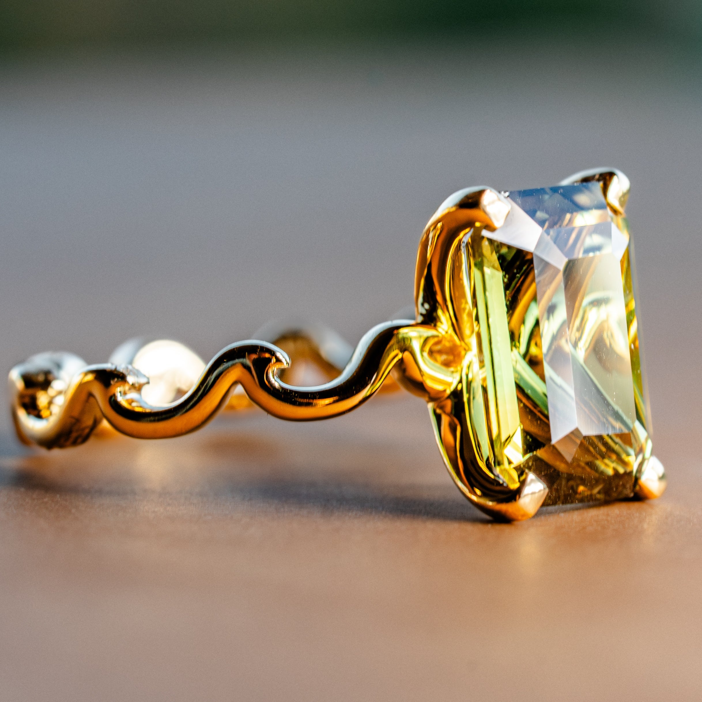 Golden Wave Ring Green Sapphire Kauai Hawaii Engagement