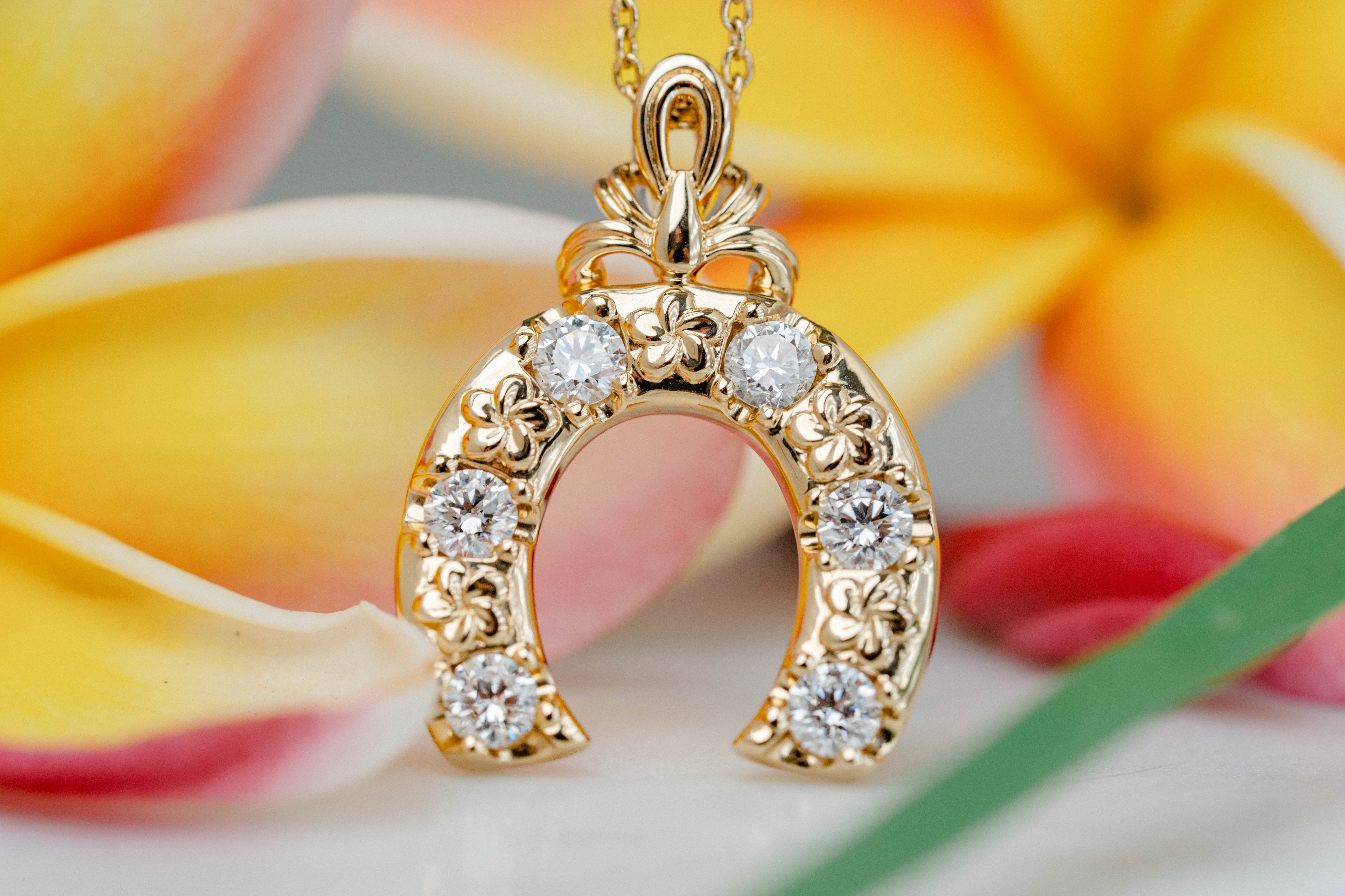 Custom Plumeria & Diamond Horseshoe Pendant