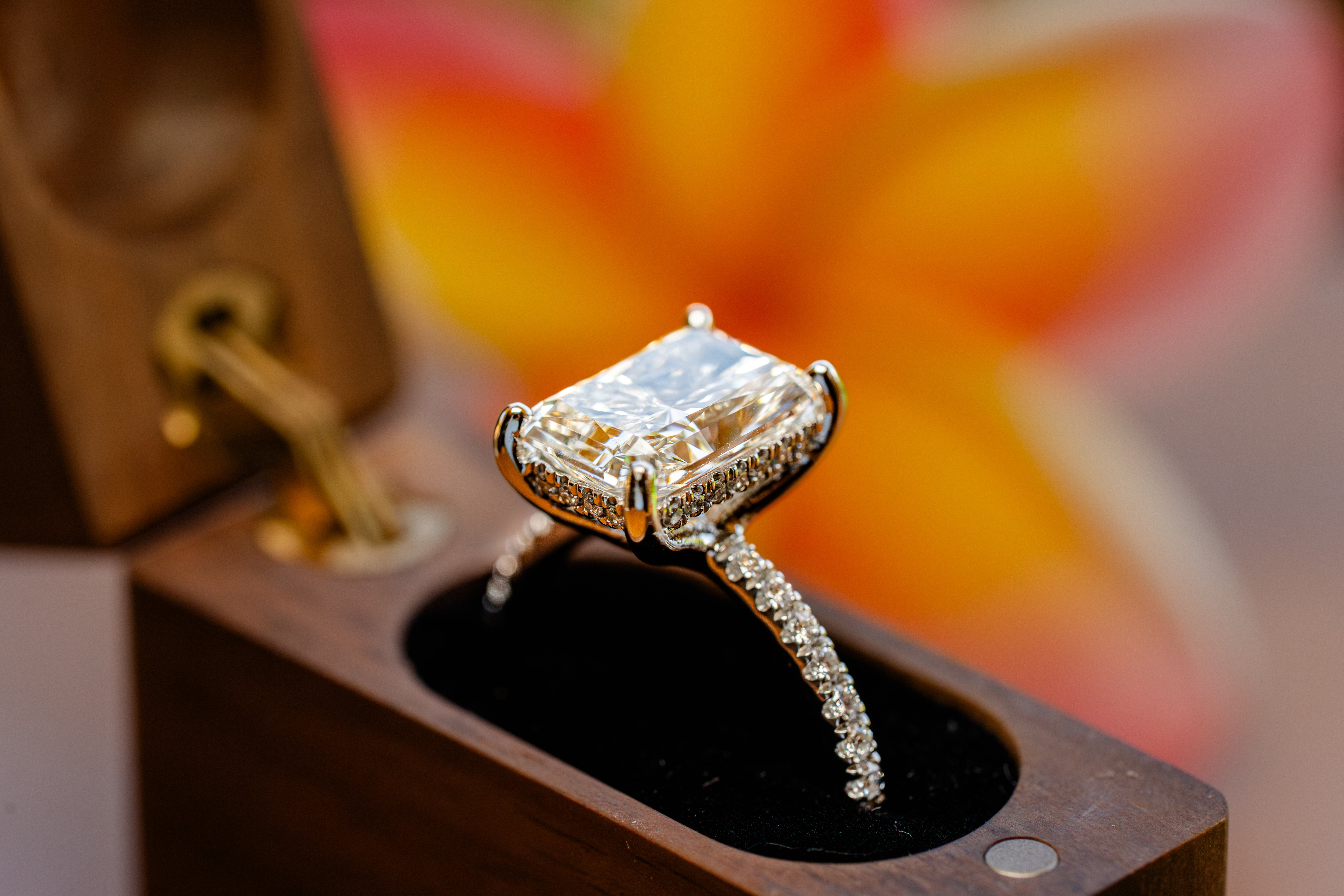 Custom 4ct Radiant Diamond Platinum Ring with Hidden Halo