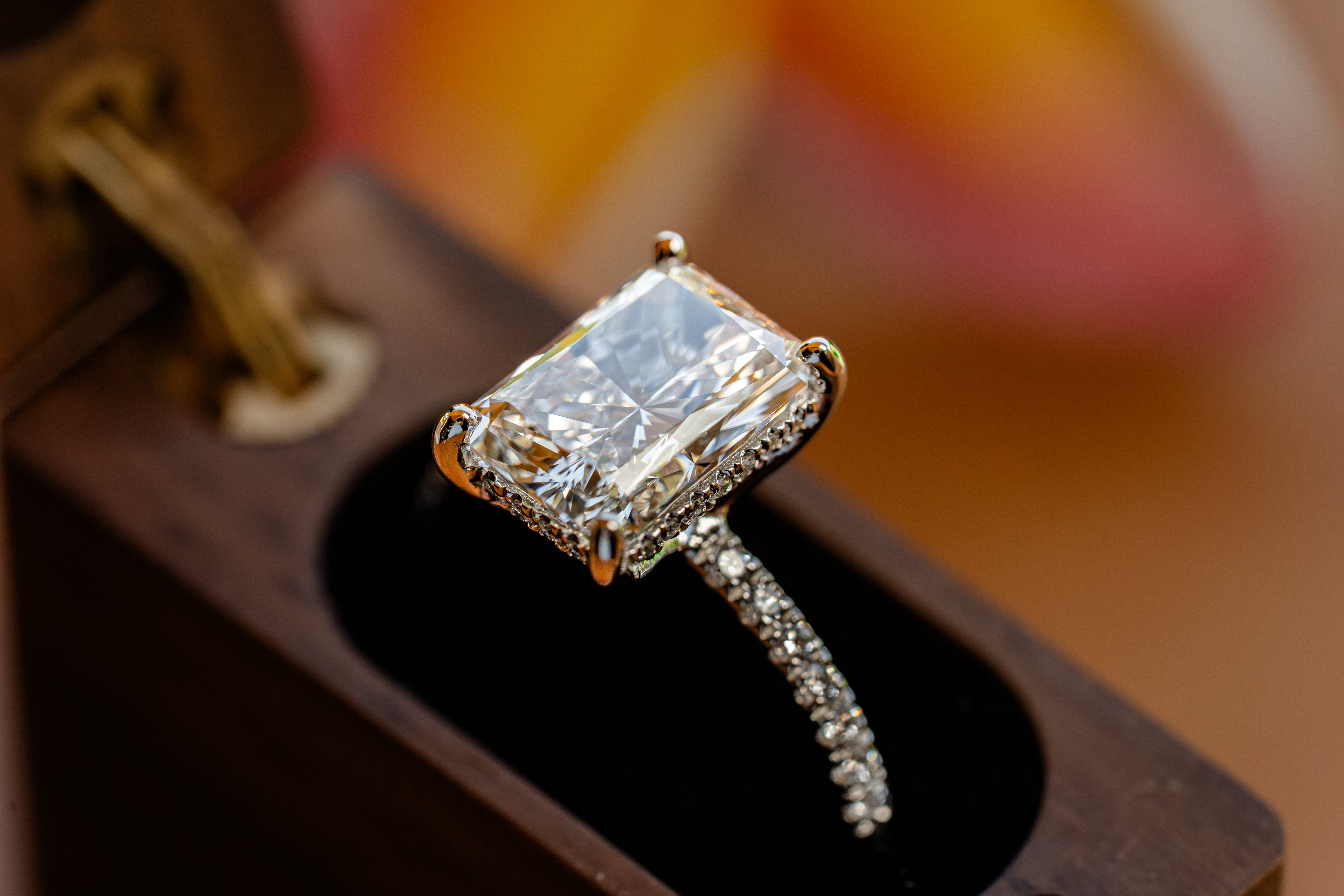 Custom 4ct Radiant Diamond Platinum Ring with Hidden Halo