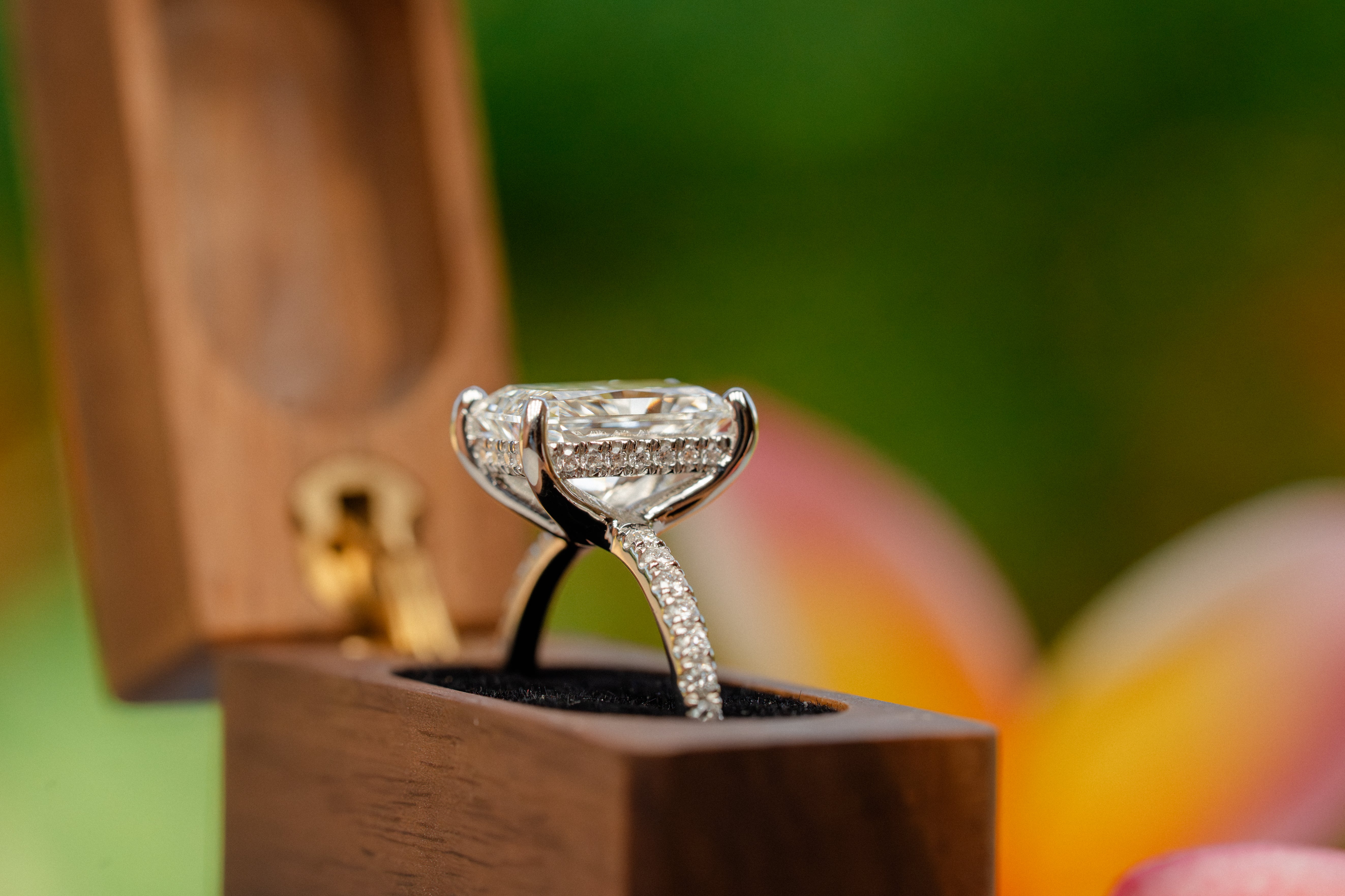 Custom 4ct Radiant Diamond Platinum Ring with Hidden Halo