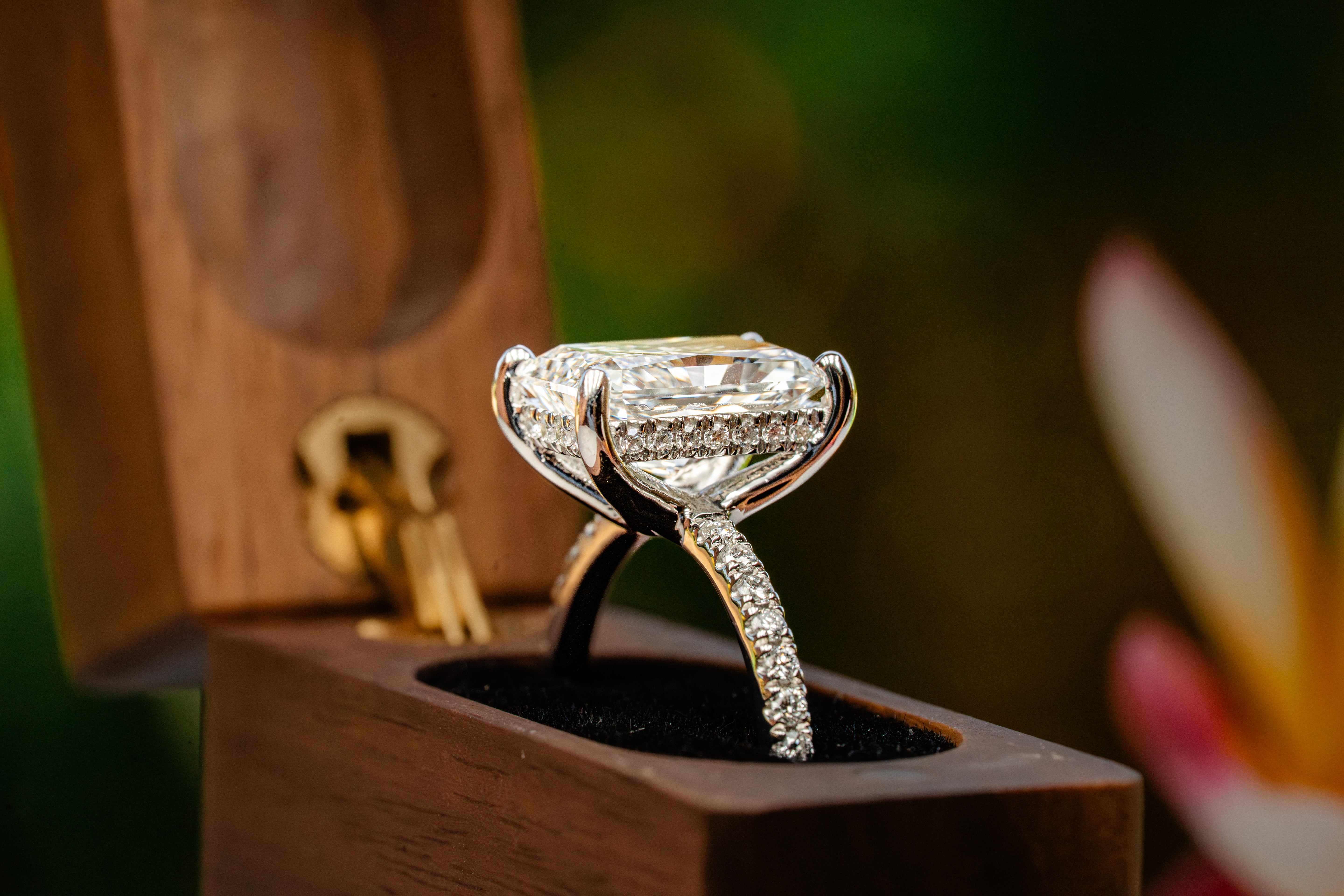 Custom 4ct Radiant Diamond Platinum Ring with Hidden Halo