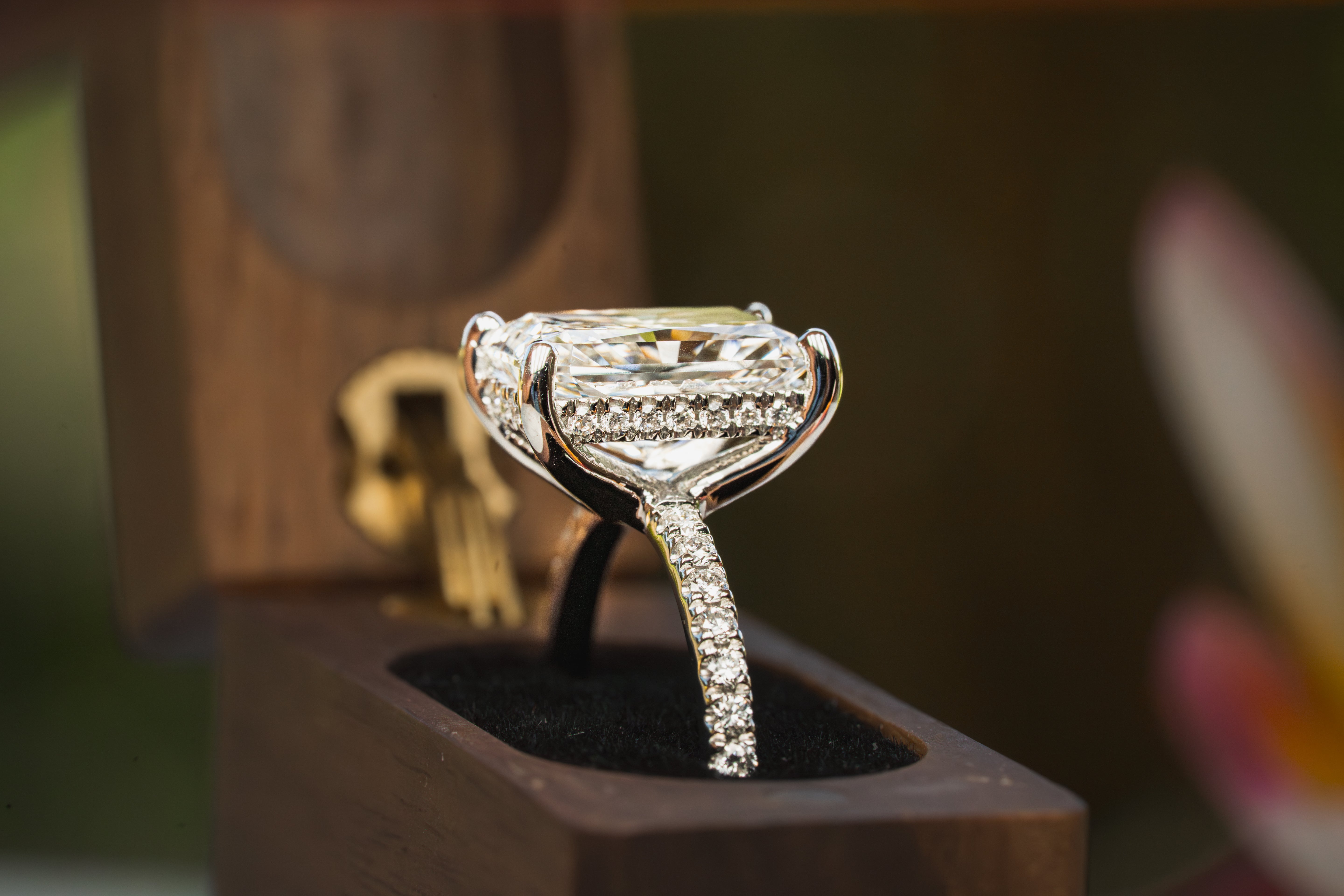 Custom 4ct Radiant Diamond Platinum Ring with Hidden Halo