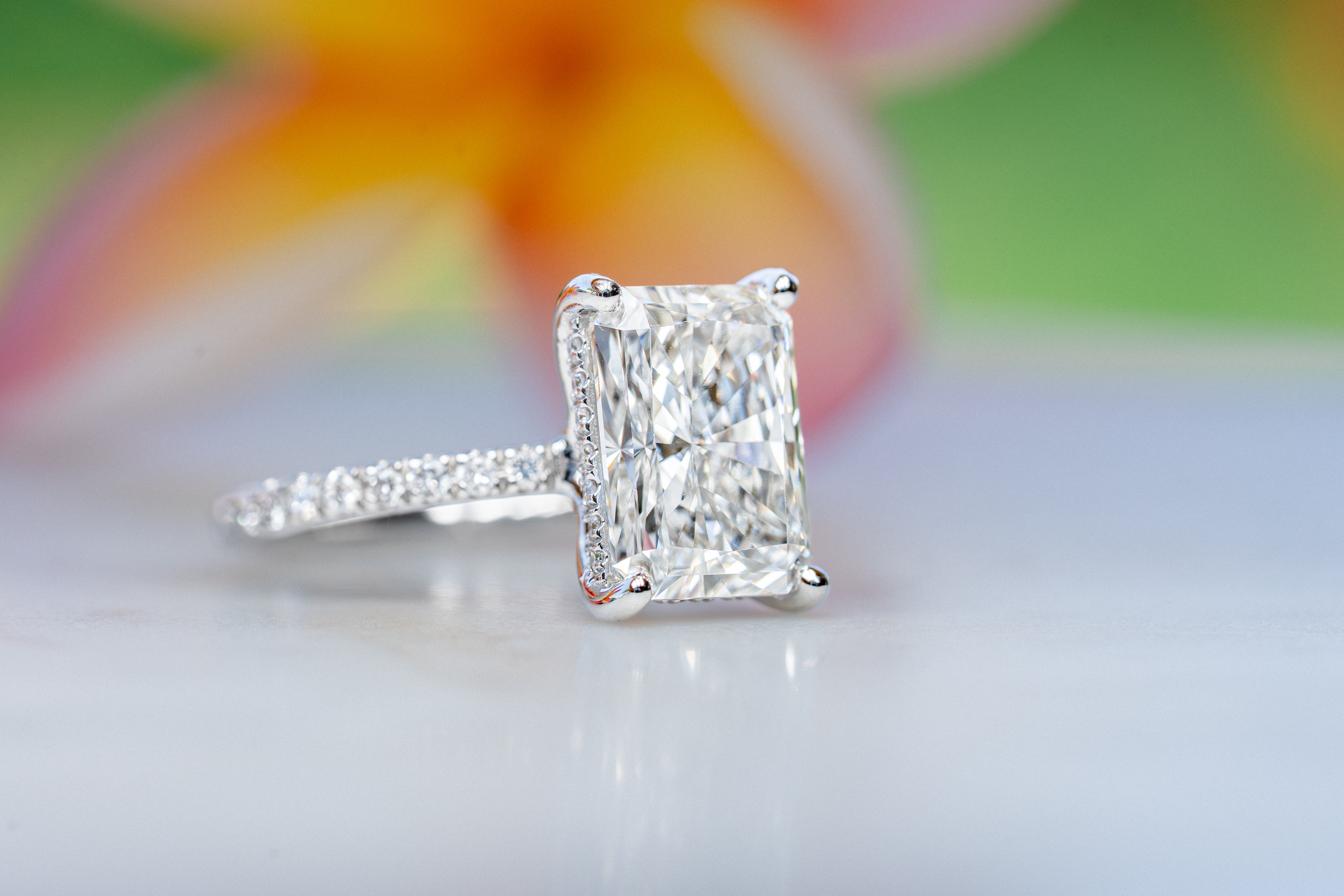 Custom 4ct Radiant Diamond Platinum Ring with Hidden Halo