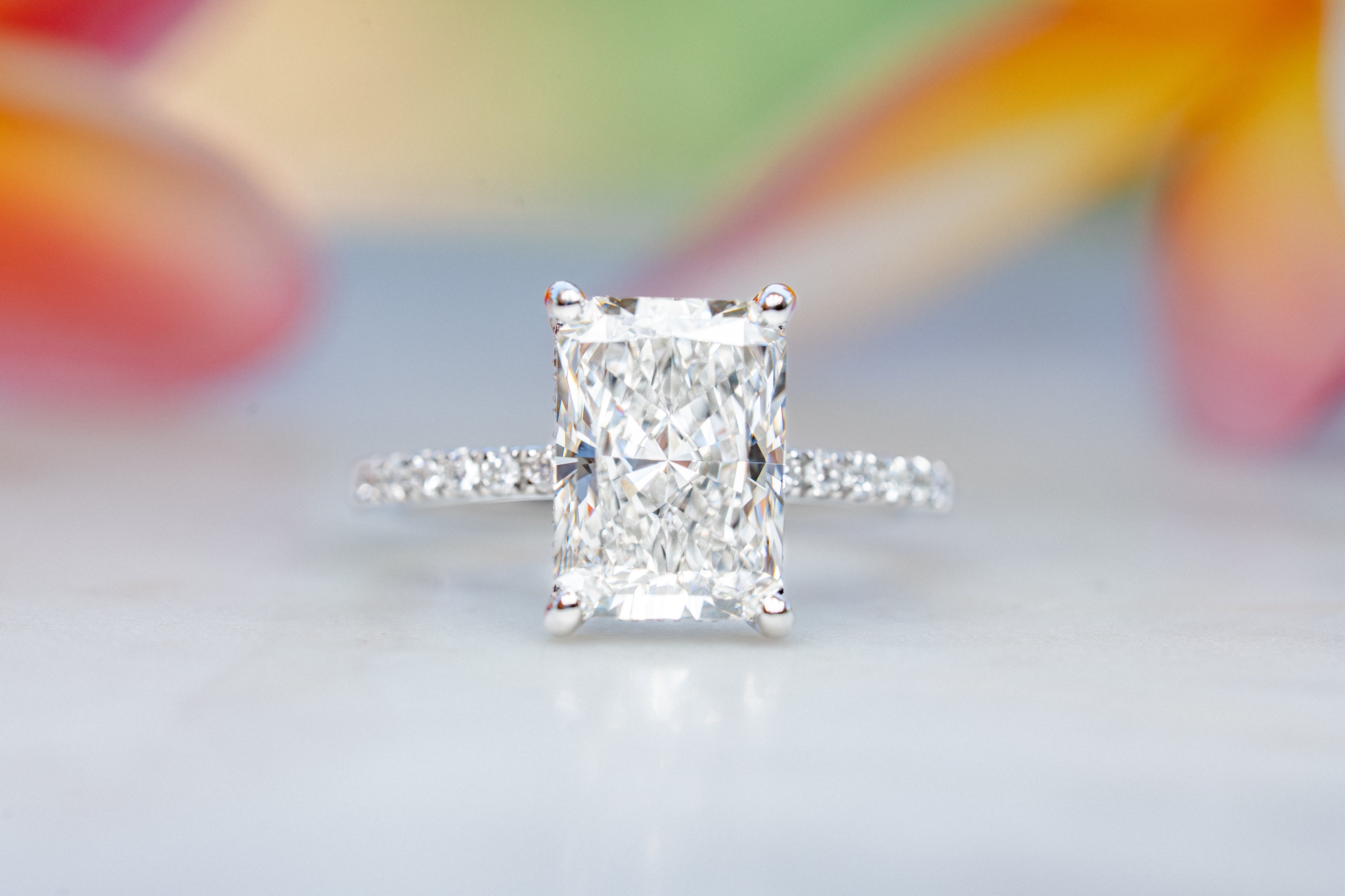 Custom 4ct Radiant Diamond Platinum Ring with Hidden Halo