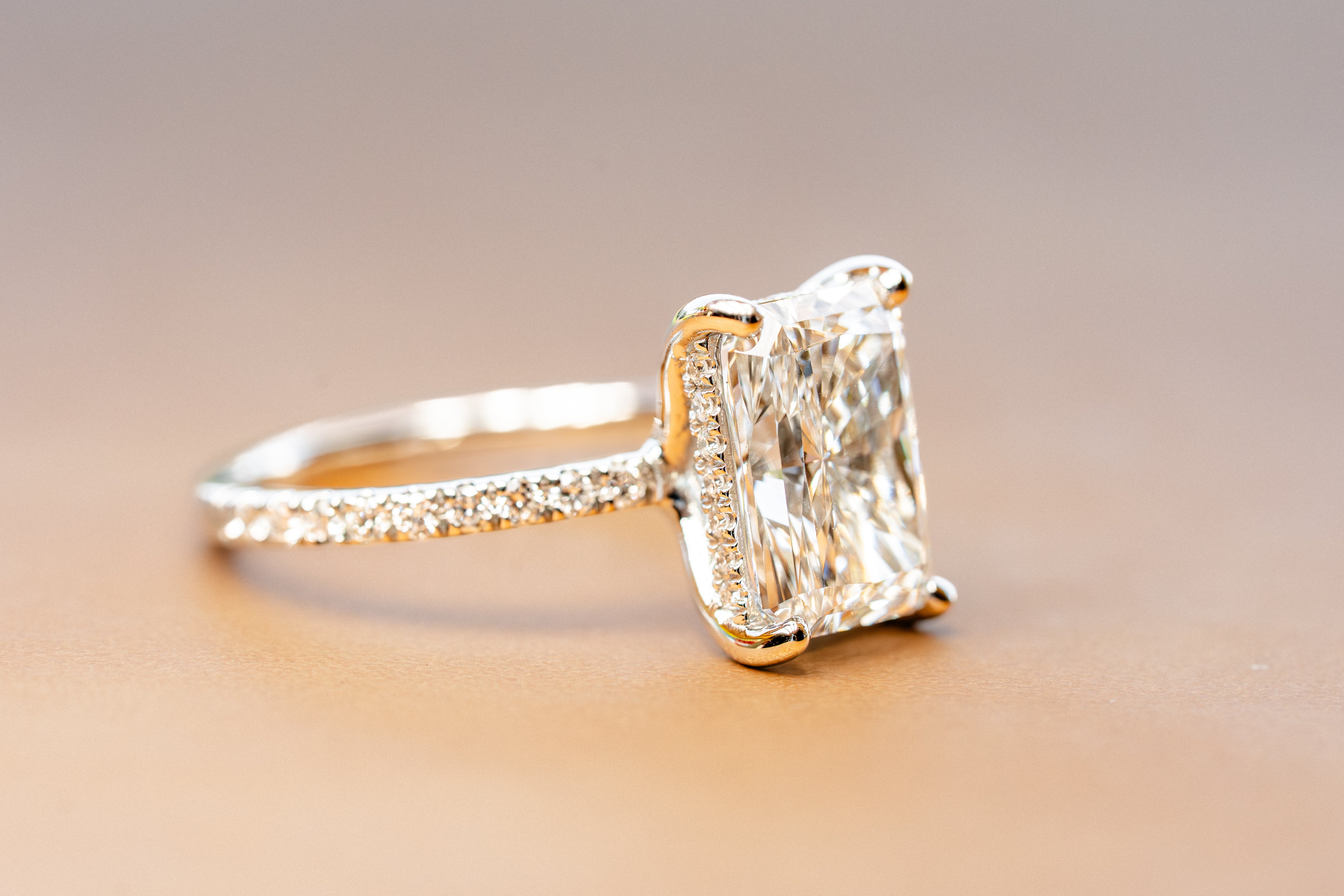 Custom 4ct Radiant Diamond Platinum Ring with Hidden Halo