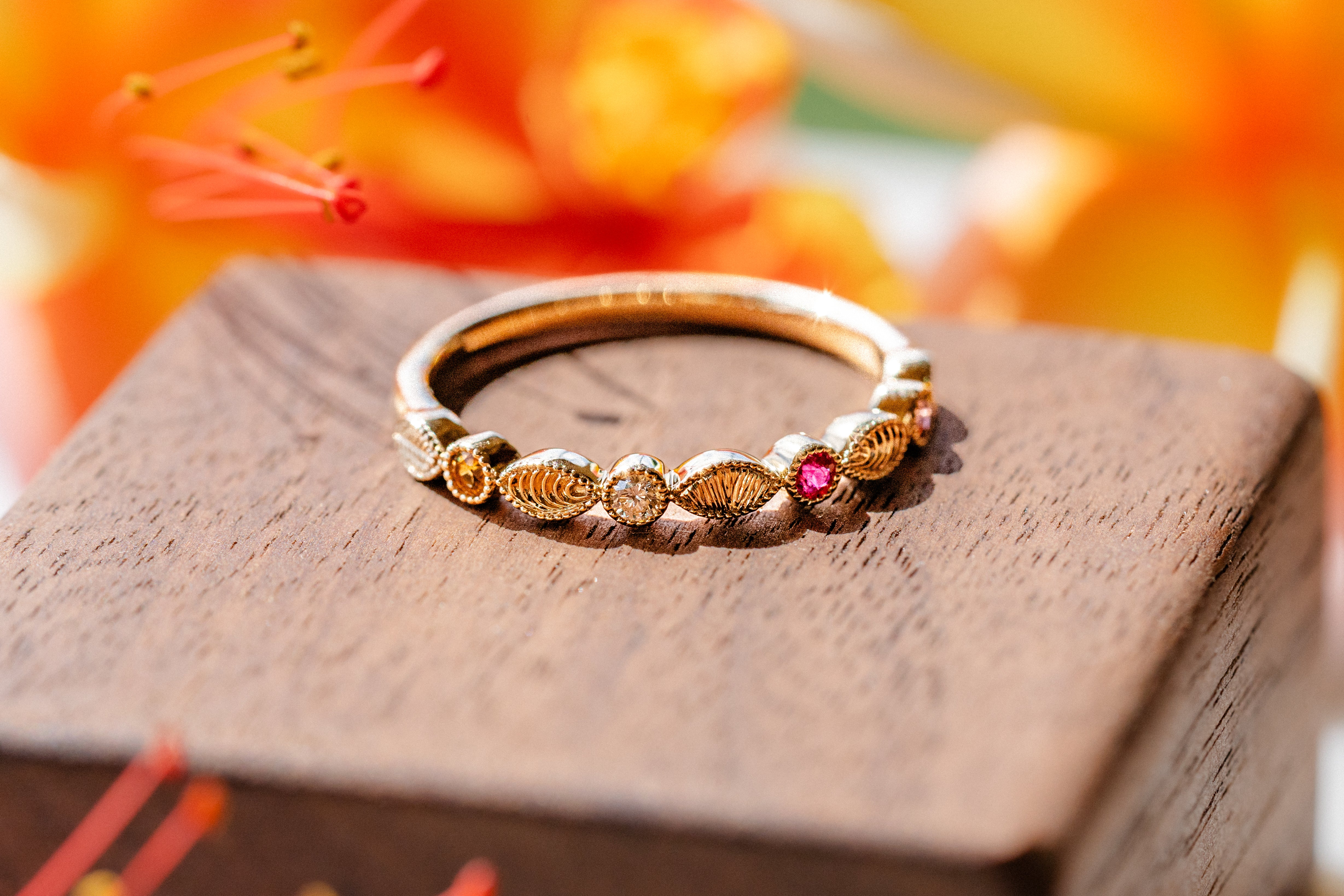 Custom Birthstone, Sun & Wave Inspired Wedding Band