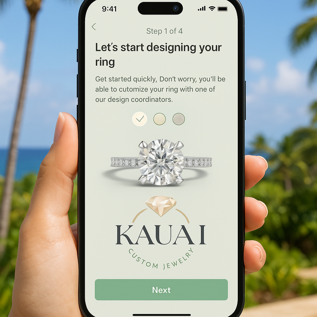 Phone screen displaying a jewelry design app with palm trees and ocean in the background