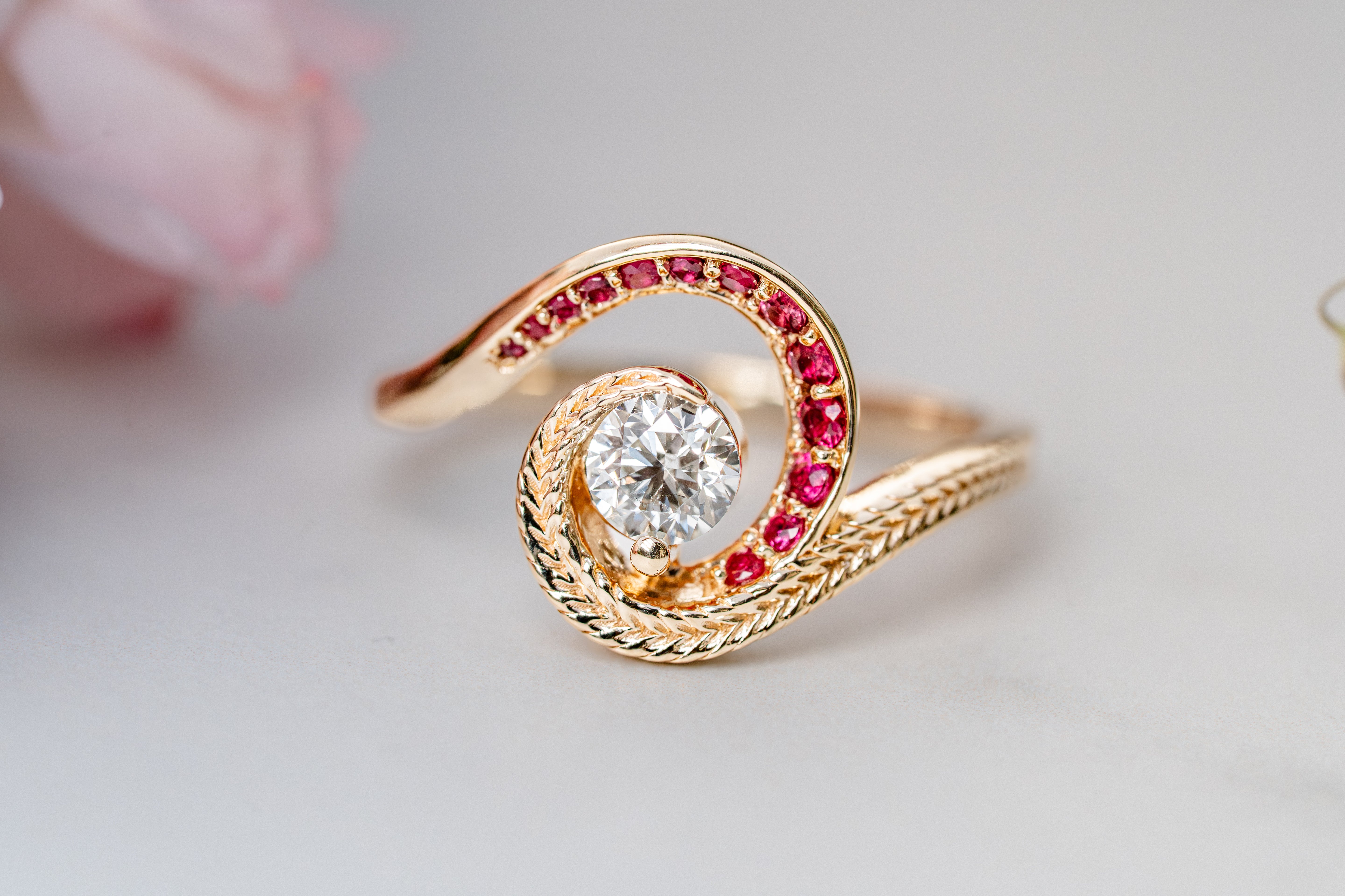 Custom Swirling Diamond Ruby Wave Ring with Maile Vine