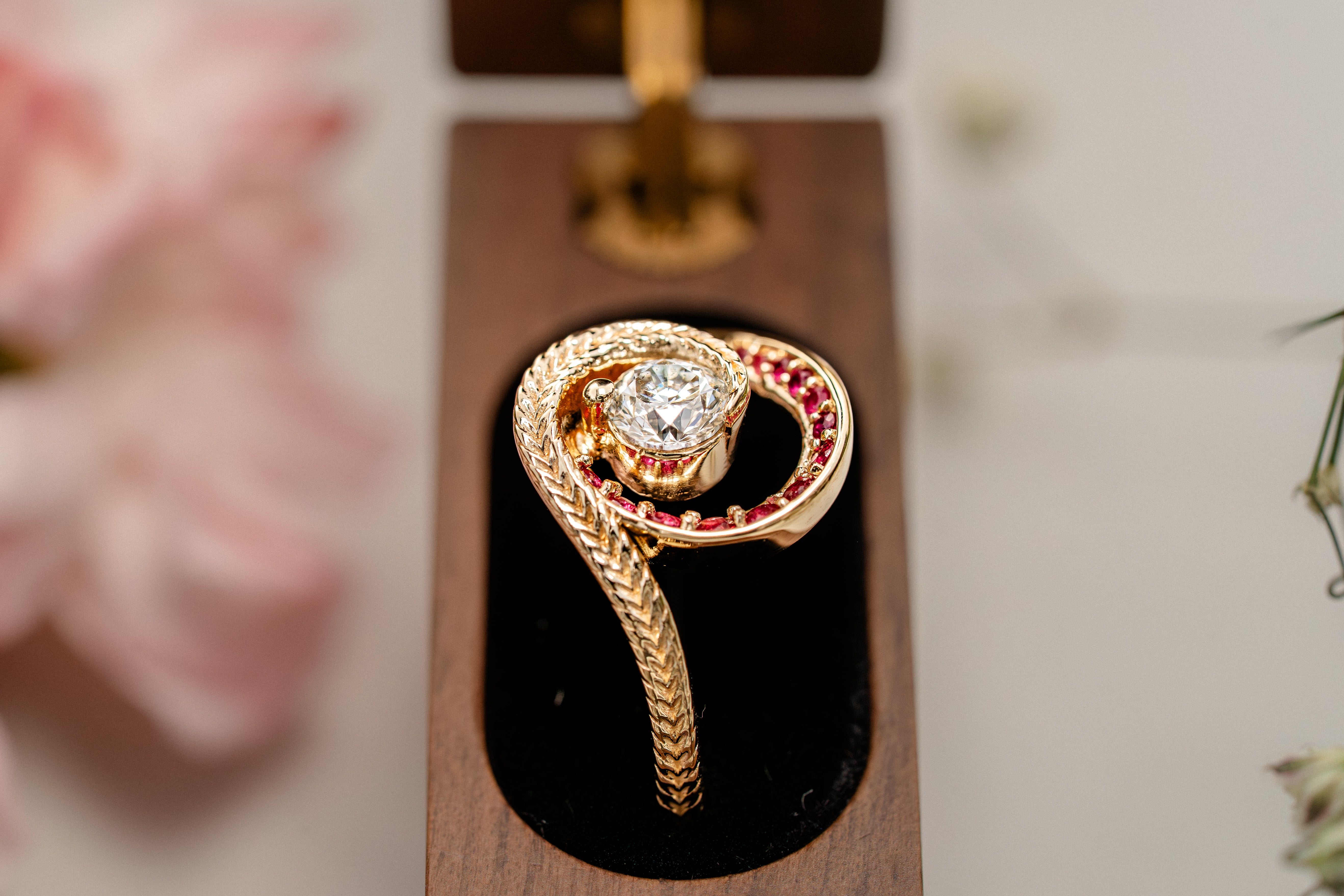Custom Swirling Diamond Ruby Wave Ring with Maile Vine