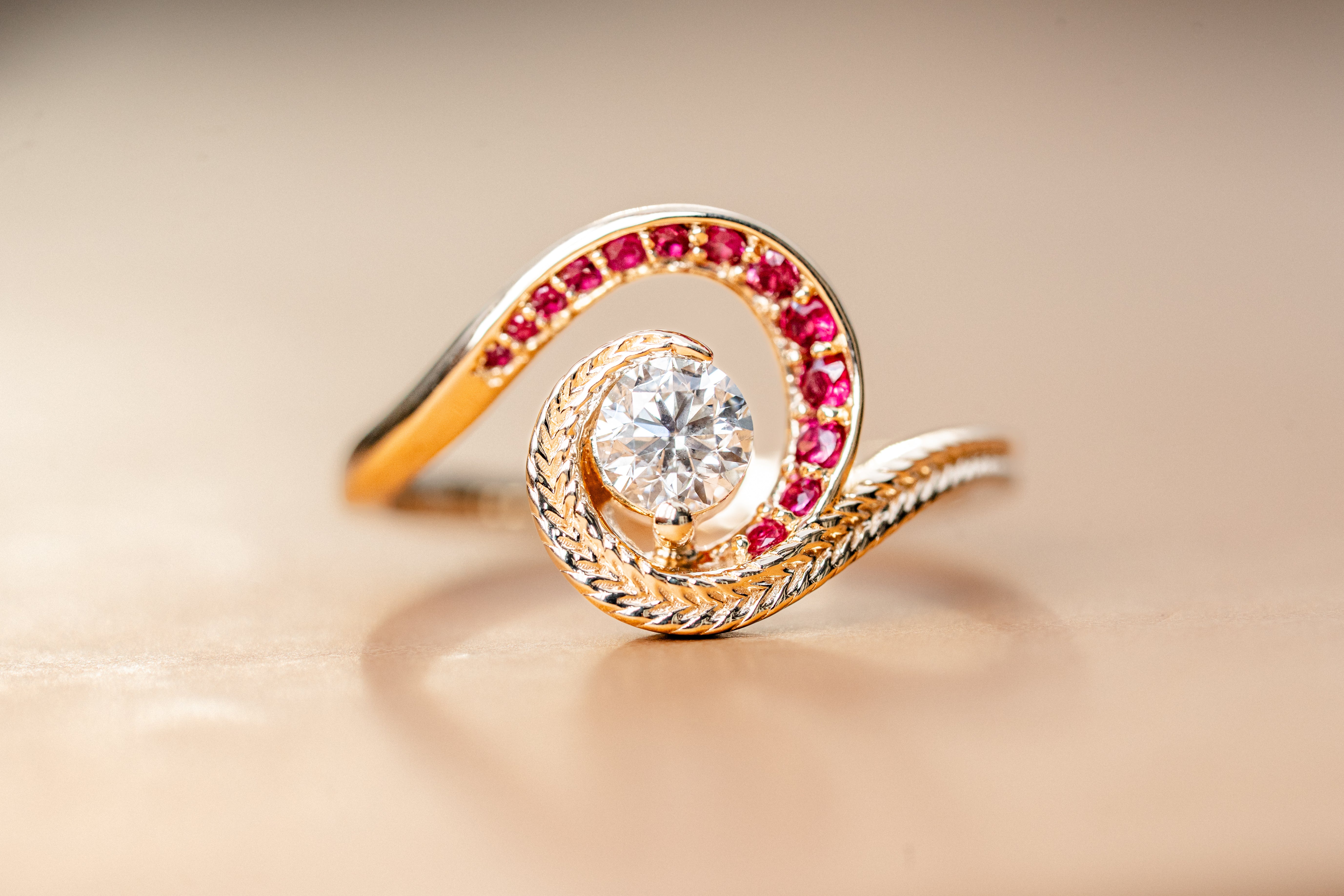 Custom Swirling Diamond Ruby Wave Ring with Maile Vine
