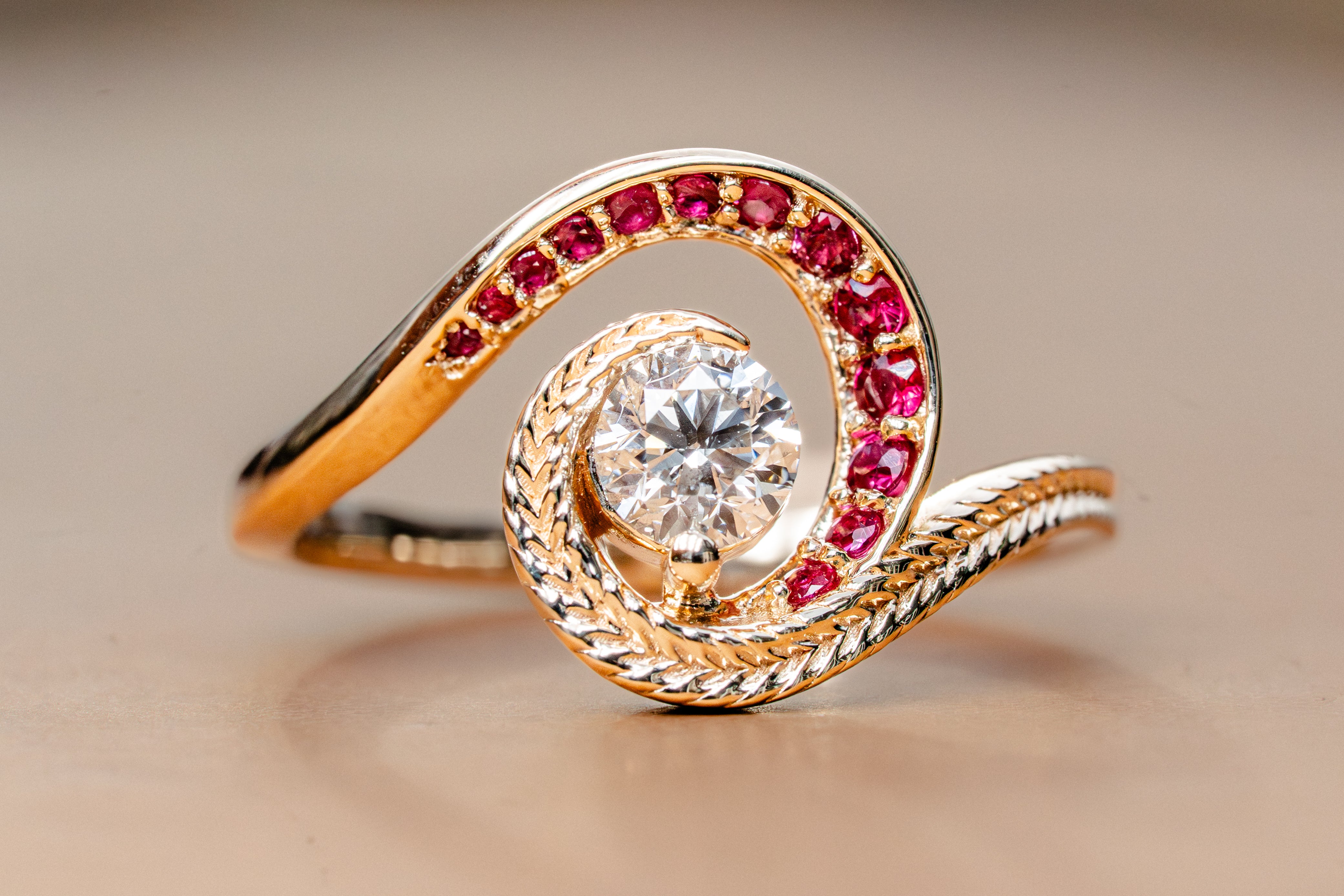 Custom Swirling Diamond Ruby Wave Ring with Maile Vine